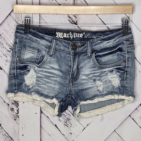 Machine Distressed Denim Jean Shorts - Picture 1 of 4